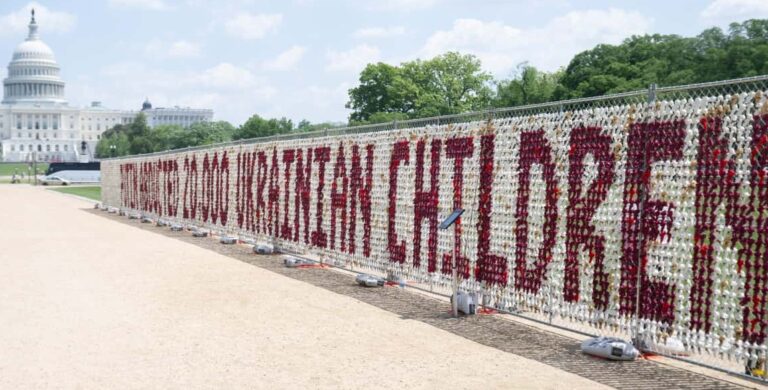 A fence featuring 20,000 stuffed teddy bears installed by Razom for Ukraine in partnership with the American Coalition for Ukraine, in which organizers say each represents a Ukrainian child abducted by Russia since the start of the war, is seen on the National Mall near the US Capitol in Washington, DC, on April 23, 2026. PHOTO: AFP/ SAUL LOEB