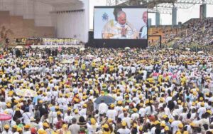 A general view of faithfuls gathering while Pope Leo XIV leads a Holy Mass at the Malabo Stadium in Malabo on the last day of an 11-day apostolic journey to Africa, on April 23, 2026. PHOTO/ AFP
