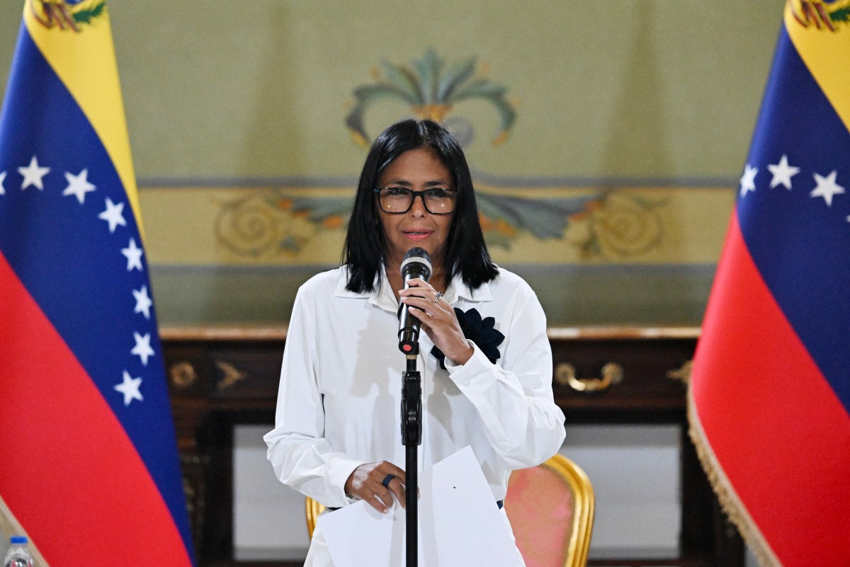 Venezuela's interim President Delcy Rodriguez speaks during a press conference after a signing of an agreement ceremony between Chevron Venezuela and the national government at the Miraflores Palace in Caracas on April 13, 2026. PHOTO: AFP/ JUAN BARRETO
