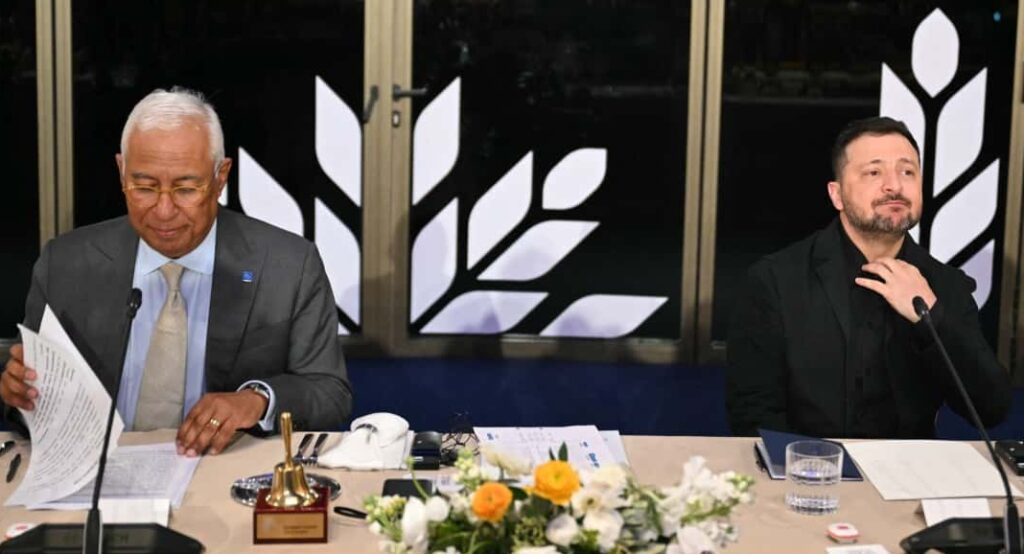 European Council President Antonio Costa (L) and Ukraine's President Volodymyr Zelensky sit during the working dinner ahead of an informal meeting of the European Council, in Ayia Napa on April 23, 2026. PHOTO: AFP/ NICOLAS TUCAT