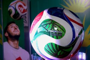 This view shows the official FIFA ball, Trionda, for the 2026 World Cup, presented for the first time in Mexico at the The Soul of the World Cup pavilion in Guadalajara, Jalisco, Mexico on October 3, 2025. PHOTO: AFP/ ULISES RUIZ