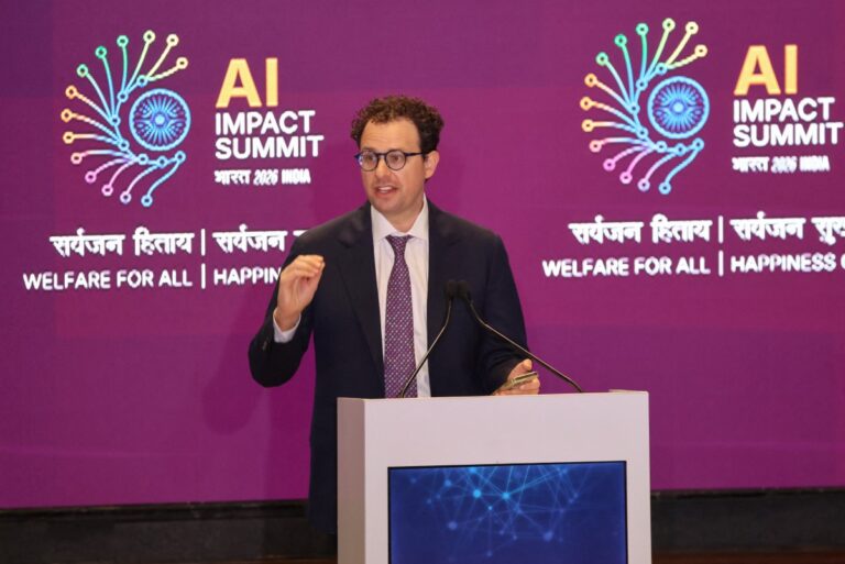 Anthropic CEO Dario Amodei delivers a speech during the AI Impact Summit in New Delhi on February 19, 2026. PHOTO: AFP/ LUDOVIC MARIN