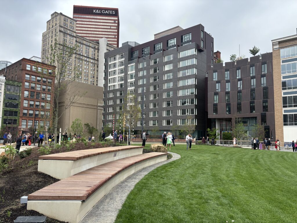 A view of the green space at Arts Landing, flanked by some of the city's skyscrapers. PHOTO: F. POTOY/ PITT GLOBAL NEWS