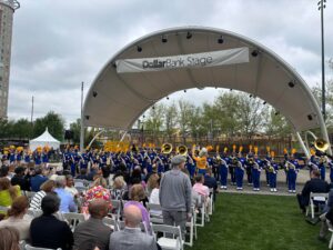 The University of Pittsburgh Marching Band at the inauguration of Arts Landing in the "City of Bridges." PHOTO: F. POTOY/ PITT GLOBAL NEWS