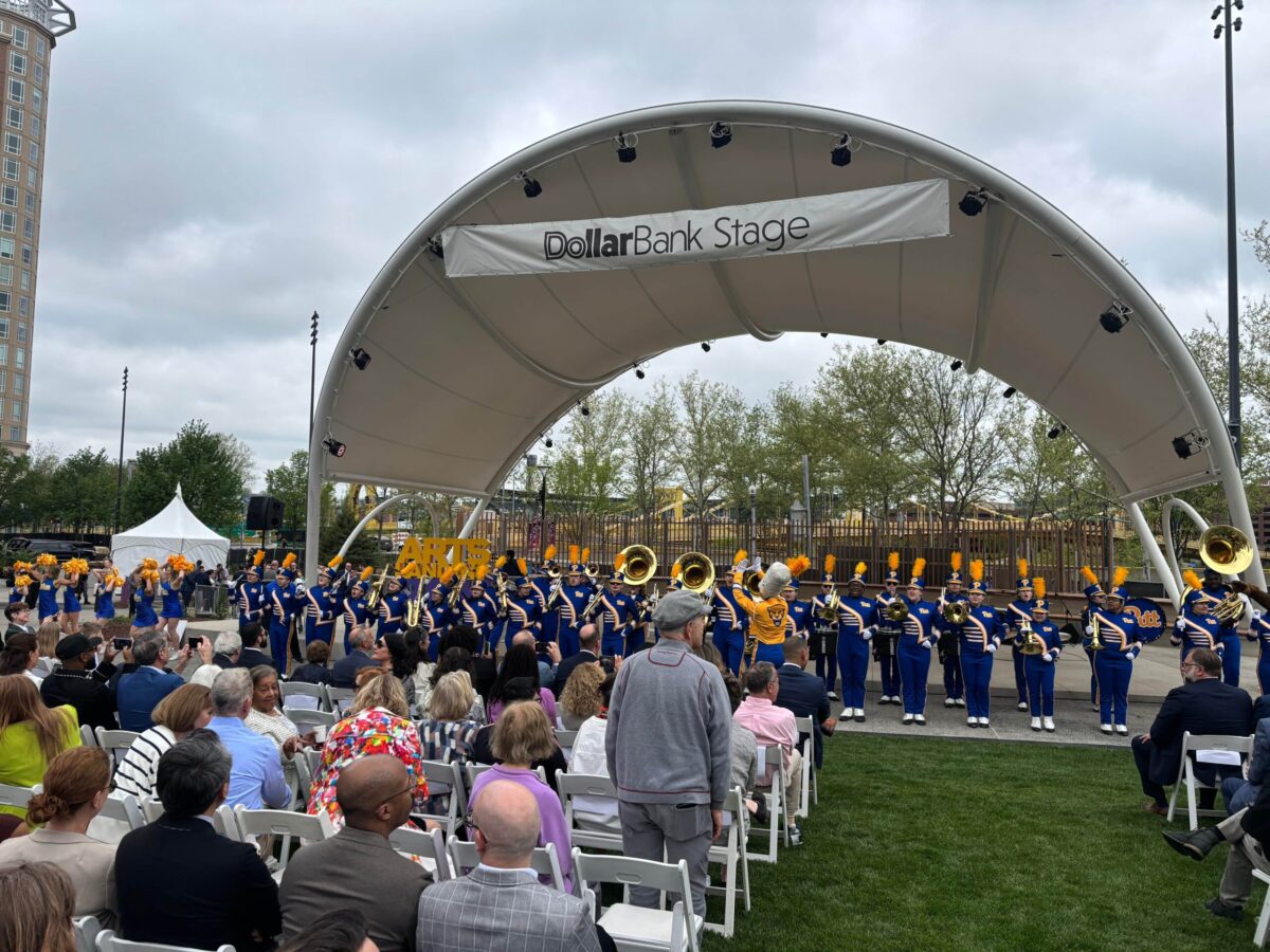 The University of Pittsburgh Marching Band at the inauguration of Arts Landing in the "City of Bridges." PHOTO: F. POTOY/ PITT GLOBAL NEWS