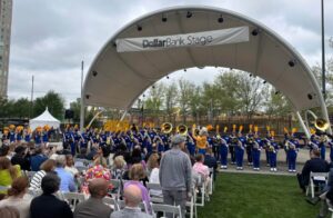 The University of Pittsburgh Marching Band at the inauguration of Arts Landing in the "City of Bridges." PHOTO: F. POTOY/ PITT GLOBAL NEWS