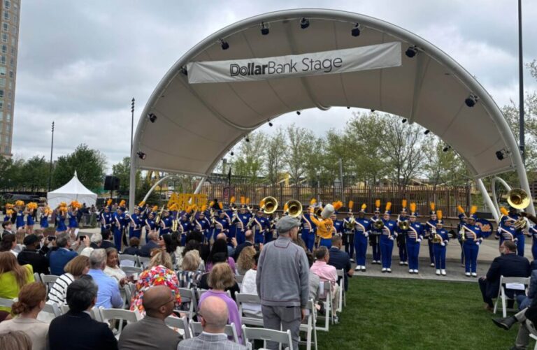 The University of Pittsburgh Marching Band at the inauguration of Arts Landing in the "City of Bridges." PHOTO: F. POTOY/ PITT GLOBAL NEWS