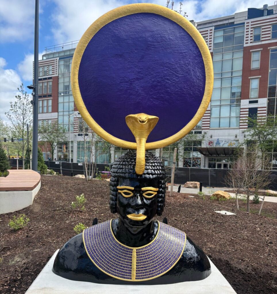 "This Is the Body of the Sun" is a monumental sculpture depicting the sun god Ra. Originating in ancient Egyptian mythology, Ra embodies discipline, leadership, and inner sovereignty—qualities that resonate deeply with Mikaela Owunna and Marques Redd's shared vision of spiritual and cultural reclamation. PHOTO: PITTSBURGH GLOBAL NEWS/ FREDDY POTOY