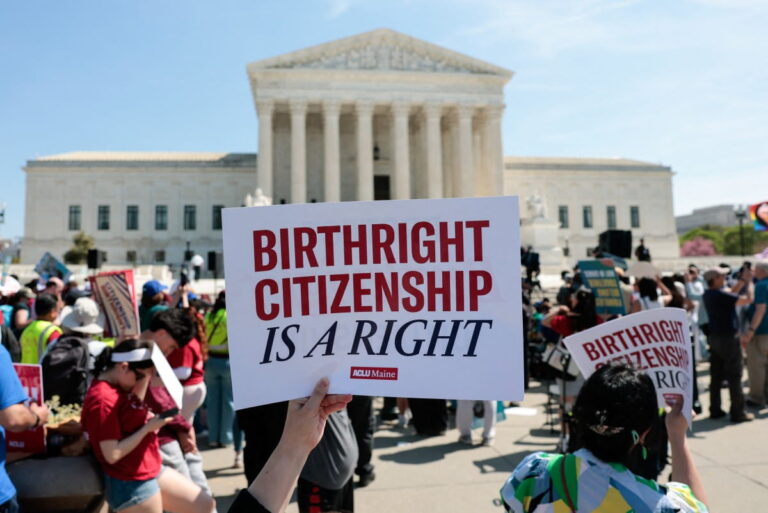Demonstrators rally in support of birthright citizenship outside the US Supreme Court in Washington, DC on April 1, 2026.